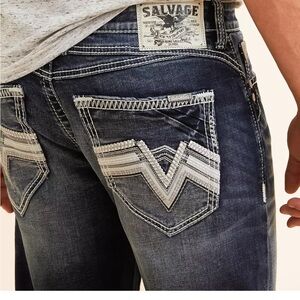 Salvage Blue Relaxed Jeans with Decorative Stitching